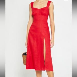 🌀Few Moda Cassia Linen Chic Red Midi Dress with Slit